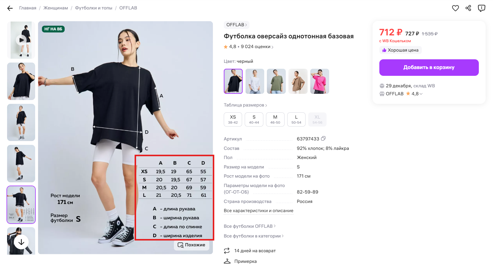 Пример карточки с указанием размеров прямо на фотографиях товара